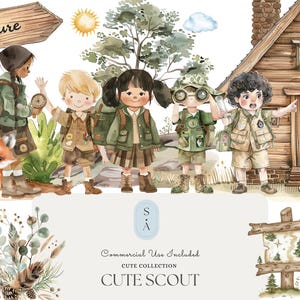 Cute Scout Watercolor Clipart Bundle | Forest Adventure Kids, Camping Animals, Cabin and Nature Elements for Invitations and Scrapbook