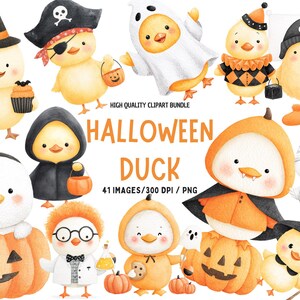 Può includere: Illustrazioni di anatre a tema Halloween. Le anatre sono vestite con costumi come strega, pirata, fantasma e mummia. L'immagine include anche zucche e il testo "Halloween Duck".