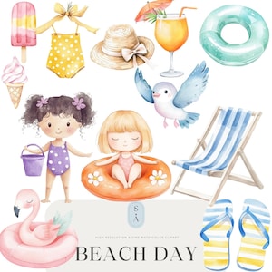 May include: Watercolor illustration of beach day elements. Includes a yellow polka dot swimsuit, straw hat, cocktail, inflatable ring, beach chair, flip-flops, ice cream, and a flamingo float. The text "BEACH DAY" is at the bottom.