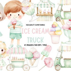 Può includere: Pacchetto di clipart ad acquerello con illustrazioni di gelati. Include immagini di bambini con coni gelato, camioncini dei gelati, coppe gelato e ghiaccioli. Il testo sull'immagine recita "ICE CREAM TRUCK" e "41 IMAGES/300 DPI / PNG".