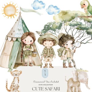 Può includere: Illustrazione ad acquerello di una simpatica scena di safari con tre bambini, una tenda, un ghepardo, un elefante, un pappagallo e alberi. I bambini indossano abiti da safari e portano binocoli, una lente d'ingrandimento e una macchina fotografica. Il testo "Cute Safari" è scritto nella parte inferiore dell'immagine.