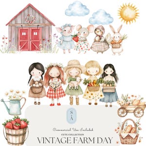 Vintage Farm Day acuarela Clipart Set - Lindas chicas de granja, animales, granero rojo, verduras, flores y fresas, decoración Cottagecore