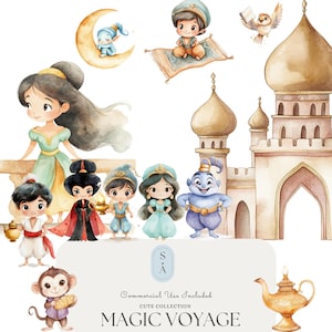 Magic Voyage Watercolor Clipart Set - Arabian Nights Digital Art, Princess, Genie, Magic Aladdin, Palace, Commercial Use Included