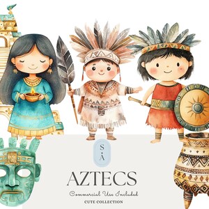 Adorable Aztec Clipart Bundle: Whimsical Watercolor Illustrations for Storytelling, Crafts, & Educational Projects