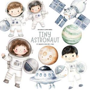 Puede incluir: Ilustración en acuarela de un paquete de imágenes prediseñadas de Tiny Astronaut. La imagen presenta varios astronautas de dibujos animados con trajes espaciales blancos, planetas, un satélite y un OVNI. El texto "Tiny Astronaut" se muestra en el centro.