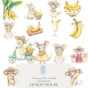 Zitronenmaus Aquarell Clipart Bundle mit Bananen Süße Sommermäuse Illustration Set für Kinderzimmer Dekor Party Einladungen Kommerzielle Nutzung