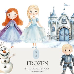 Frozen Princess Winter Wonderland Watercolor Clipart Set with Castle Characters Snowman and Ice Elements for Kids Party Decor