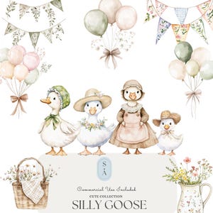 Conjunto de clipart de aquarela de ganso bobo - gansos fofos, animais de fazenda, balões vintage, faixas, decoração rústica, arte digital, uso comercial