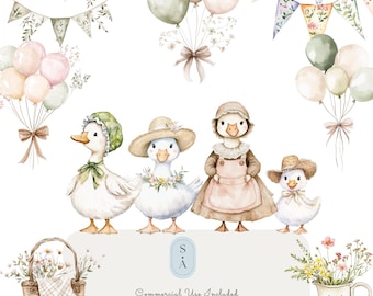 Ensemble d&#39;images clipart d&#39;oies idiotes à l&#39;aquarelle - oies mignonnes, animaux de ferme, ballons vintage, bannières, décoration rustique, art numérique, utilisation commerciale
