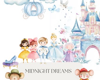Princesse minuit aquarelle Clipart ensemble | Utilisation commerciale | Décoration de fête DIY, invitations à une fête prénatale, scrapbooking.