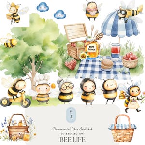 Bee Life Watercolor Clipart Bundle with Cute Bees Picnic Honey Jars and Garden Decor Summer Kids Art Set Commercial Use Included