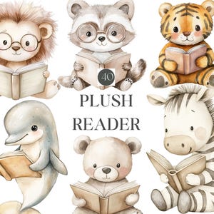 Plush Reader Animal Nursery Wall Art Printable Set, Watercolor Book Animals Decor for Kids Room, Reading Corner Digital Download