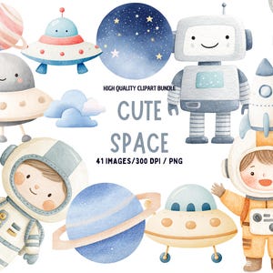 Pode incluir: Pacote de cliparts em aquarela com ilustrações fofas com tema espacial. Inclui planetas, OVNIs, um robô, um astronauta e um coelho em um traje espacial. O texto diz "CUTE SPACE" e "41 IMAGES/300 DPI / PNG".