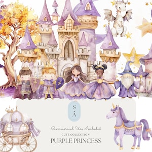 May include: Watercolor illustration featuring a purple princess theme. The image includes a castle, fairy tale characters, a unicorn, and a carriage. The text "Purple Princess" is visible. The overall color palette is soft and whimsical.