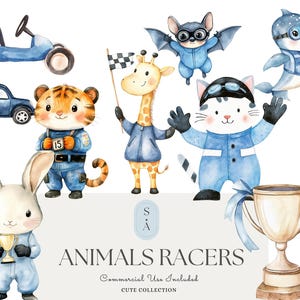 Dieren Racers Aquarel Clip Art - Raceauto Rijdende Dieren, Helmen, Geblokte Vlaggen & Trofeeën voor Uitnodigingen Scrapbook Ontwerpen