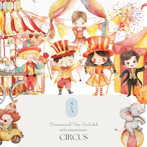 Watercolor Circus Clipart Bundle | Cute Carnival Performer and Animal Illustrations with Tents and Props for Party Invitations and Crafts