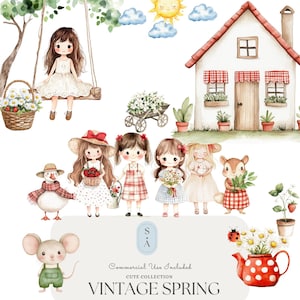 Ensemble d'images clipart aquarelles de printemps vintage - jolies filles, animaux de ferme, fleurs, maison rustique, décoration de jardin, art numérique, utilisation commerciale