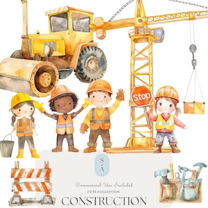 Construction Watercolor Clipart Bundle Cute Builders, Machinery & Worksite Elements with Commercial License Kids Party  Educational Designs