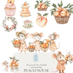 Peach Mouse Watercolor Clipart Bundle  Cute Mouse PNG Set with Peaches and Florals Country Cottage Sublimation Art  Commercial Use Included