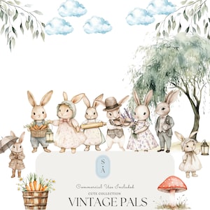 Kolekcja Vintage Bunny clipart-akwarela wiosenne króliki-Cottagecore ilustracje zwierząt do majsterkowania, scrapbookingu i rzemiosła