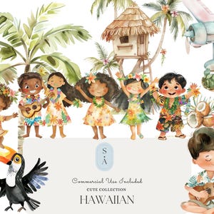 Hawaiian Kids Watercolor Clipart Set | Tropical Island Children Illustrations with Palm Trees, Flowers and Ukulele for Party and Craft