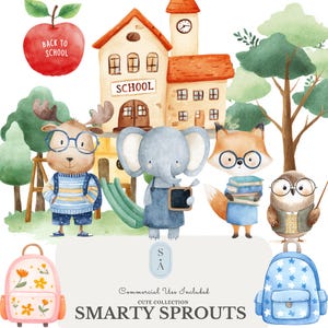 Può includere: Illustrazione ad acquerello con una mela rossa con la scritta "BACK TO SCHOOL", una scuola e personaggi di animali come un alce, un elefante, una volpe e un gufo. L'immagine include due zaini e il testo "SMARTY SPROUTS".