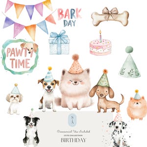 Pacote de clipart de aniversário de cachorro em aquarela, ilustrações fofas de festa de filhotes, download digital para convites, cartões e artesanato DIY
