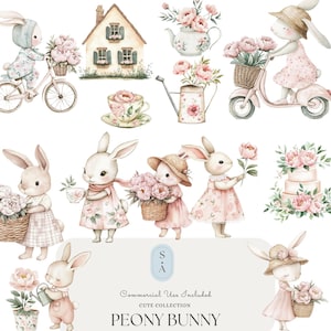 Peony Bunny Watercolor Clipart Set | Floral Baby Bunny PNG Sublimation Bundle | Cute Spring Rabbit Graphics | Commercial Use Included