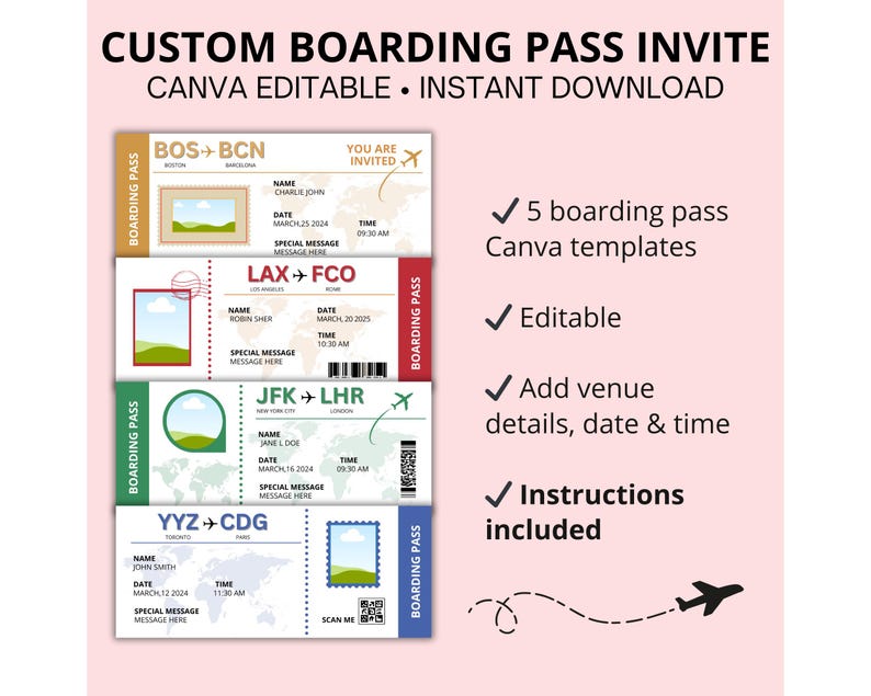 Custom Pass Tickets Editable Canva Boarding Pass Invitation, Travel Theme Invite, Custom ...