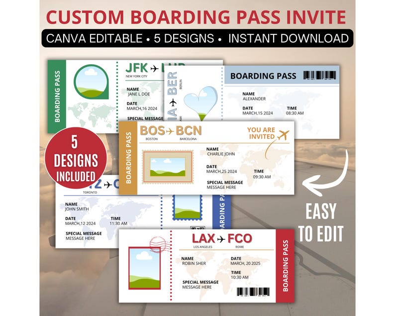 Custom Pass Tickets Editable Canva Boarding Pass Invitation, Travel Theme Invite, Custom ...