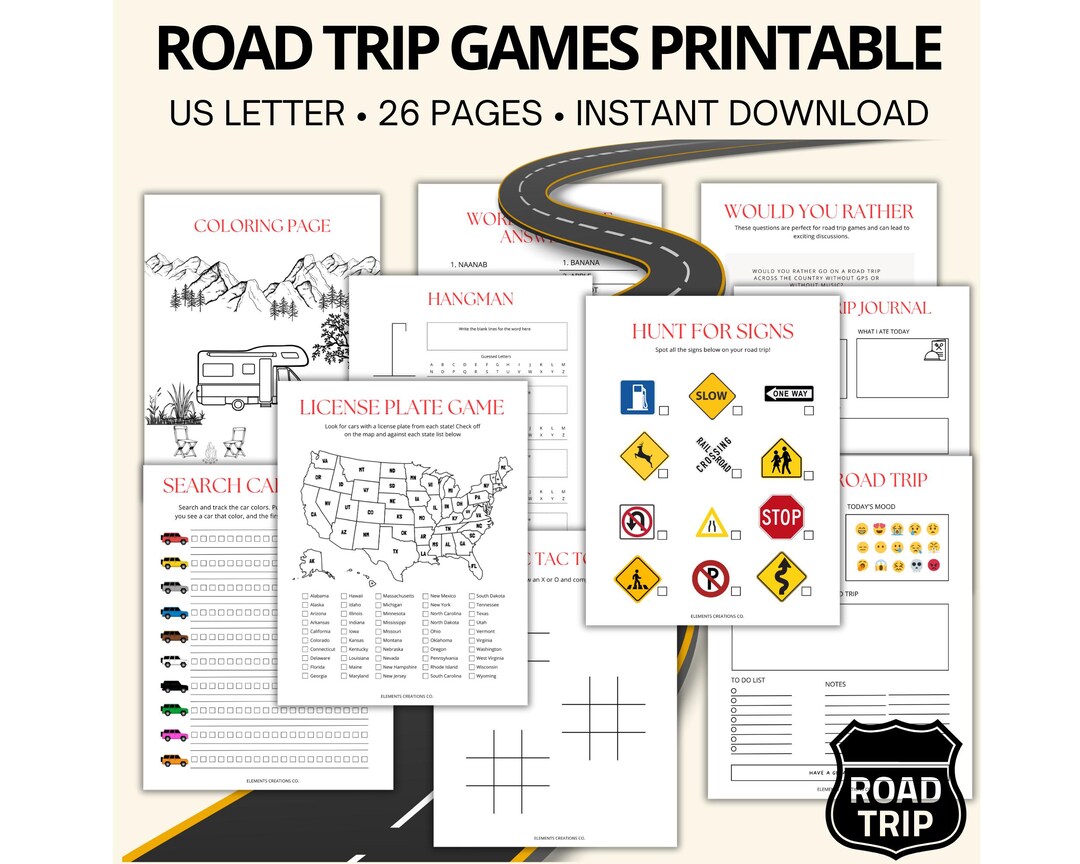 Road Trip Games Pack, 26 Page Printable Car Games for Kids, Family Road
