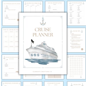 May include: A cruise planner with a watercolor illustration of a white cruise ship on blue water. The cover reads "CRUISE PLANNER" in gold lettering. Surrounding pages include planning templates and checklists.