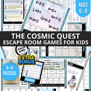 Może przedstawiać: The Cosmic Quest Escape Room Games dla dzieci. Obraz przedstawia kolekcję gier logicznych z tekstem "The Cosmic Quest Escape Room Games for Kids". Gry zawierają łamigłówki, kody i sekcję bonusową. Wiek to 6-8.