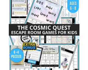 May include: The Cosmic Quest Escape Room Games for Kids. This image shows a collection of puzzle games with the text "The Cosmic Quest Escape Room Games for Kids". The games include puzzles, codes, and a bonus section. The age range is 6-8.