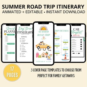 Sommerrodelreise Reiseplan, 17-seitiger bearbeitbarer Canva-Reiseplan, animierte vertikale Urlaubsreiseplanvorlage mit Aktivitäten und Listen