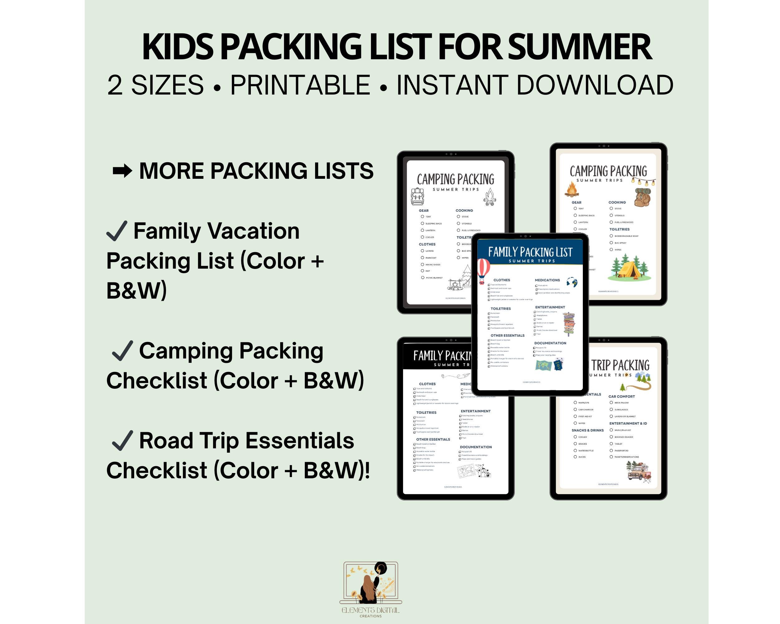 Printable Summer Packing List for Kids and Family, Kids Packing List ...