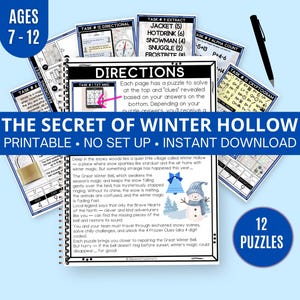 Puede incluir: Un juego de rompecabezas imprimible titulado "El Secreto de Winter Hollow" para edades de 7 a 12 años. La imagen muestra un cuaderno con espiral con páginas de rompecabezas, junto con hojas de rompecabezas adicionales y un bolígrafo. El juego presenta 12 rompecabezas con temática invernal.