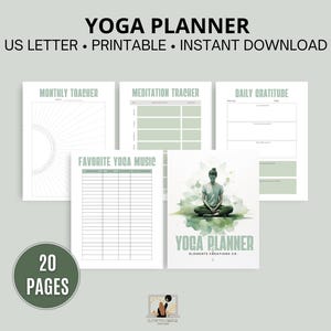 Op de afbeelding: Een printbare yogaplanner met 20 pagina's. De planner bevat secties voor maandelijkse tracking, meditatietracking, dagelijkse dankbaarheid en favoriete yogamuziek. De omslag heeft een aquarel-illustratie van een persoon in een yogapose.
