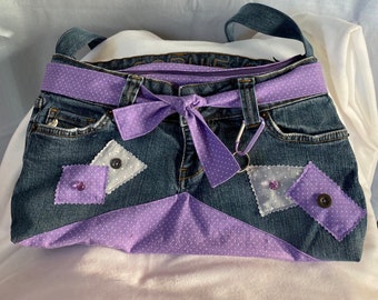 Recycled denim jean purse/purple polka dots/lining/small-medium size/shoulder jean bag