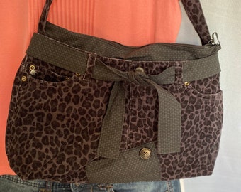 Dark leopard print corduroy jean purse/lining/zipper/pockets