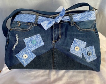 Upcycled distressed denim jean purse/lining/inside pockets/distressed denim handbag/distressed bag