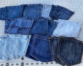 6 sets of blue jean back pockets/denim pockets/bulk jean pockets/jean scraps/silverware holder/denim place setting/bulk pockets for groups