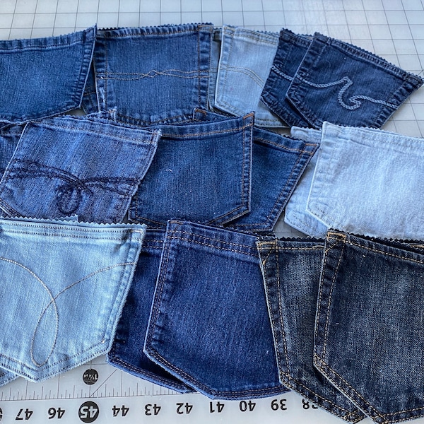 6 sets of blue jean back pockets/denim pockets/bulk jean pockets/jean scraps/silverware holder/denim place setting/bulk pockets for groups