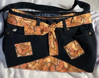 Butterflies jean bag/recycled jean purse/medium/denim purse/black jean bag/lined jean handbag