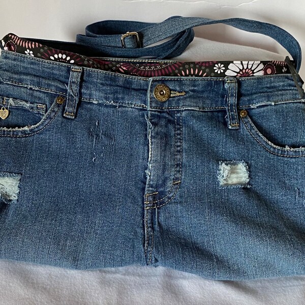 Distressed large jean purse/lining/zipper/adjustable strap/recycled jean purse