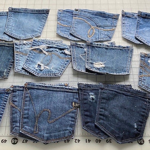 10 sets distressed blue jean back pockets/distressed denim pockets/jean scraps/craft pockets/salvaged jean pockets/jean pieces