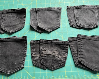 Black Denim Jean Pockets, Salvaged Fabric, Set of 12