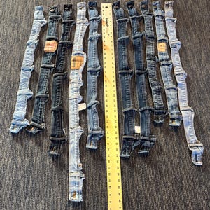 10 one piece blue jean waistbands/denim logo waistbands/denim scraps/jean pieces/jean belt loops