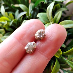 May include: Two small, raw-cut gemstone stud earrings. The earrings are held between fingers, with a green leafy background. The gemstones are a light, neutral color, and are set in a silver-colored metal.