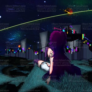 May include: A purple-haired figure sits on a grassy hill, looking out at a futuristic cityscape with neon lights against a starry night sky.